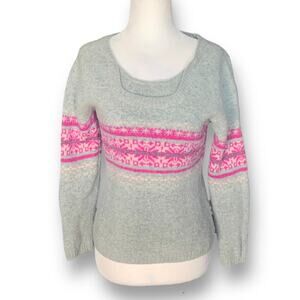 Outventure Sweater Gray Pink Fair Isle Snowflake Knit Crewneck Wool Blend